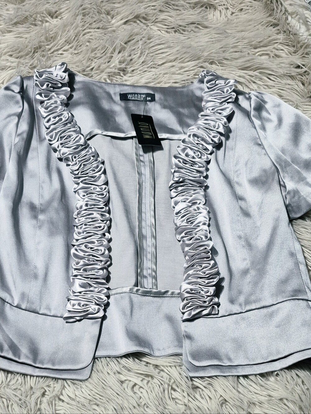 Wanko Silver Satin Shrug with Ruffle Edge